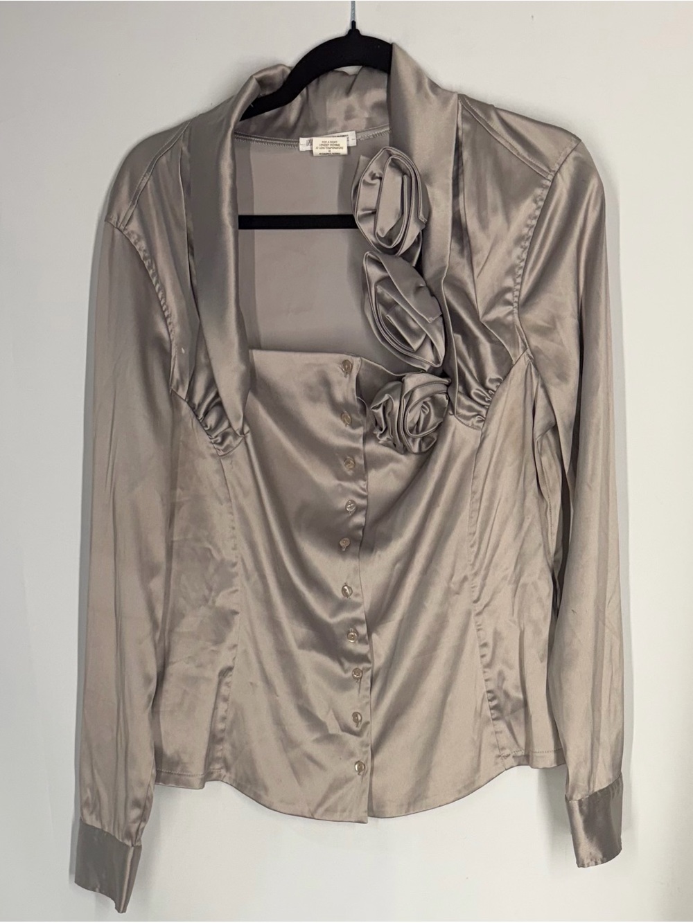 Naracamicie Taupe Satin Button-Up Blouse with Rosette Trim
